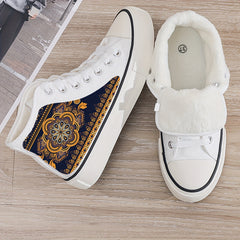 Ethnic Print Plush Lined Canvas Sneakers Fall Winter Warm Shoe