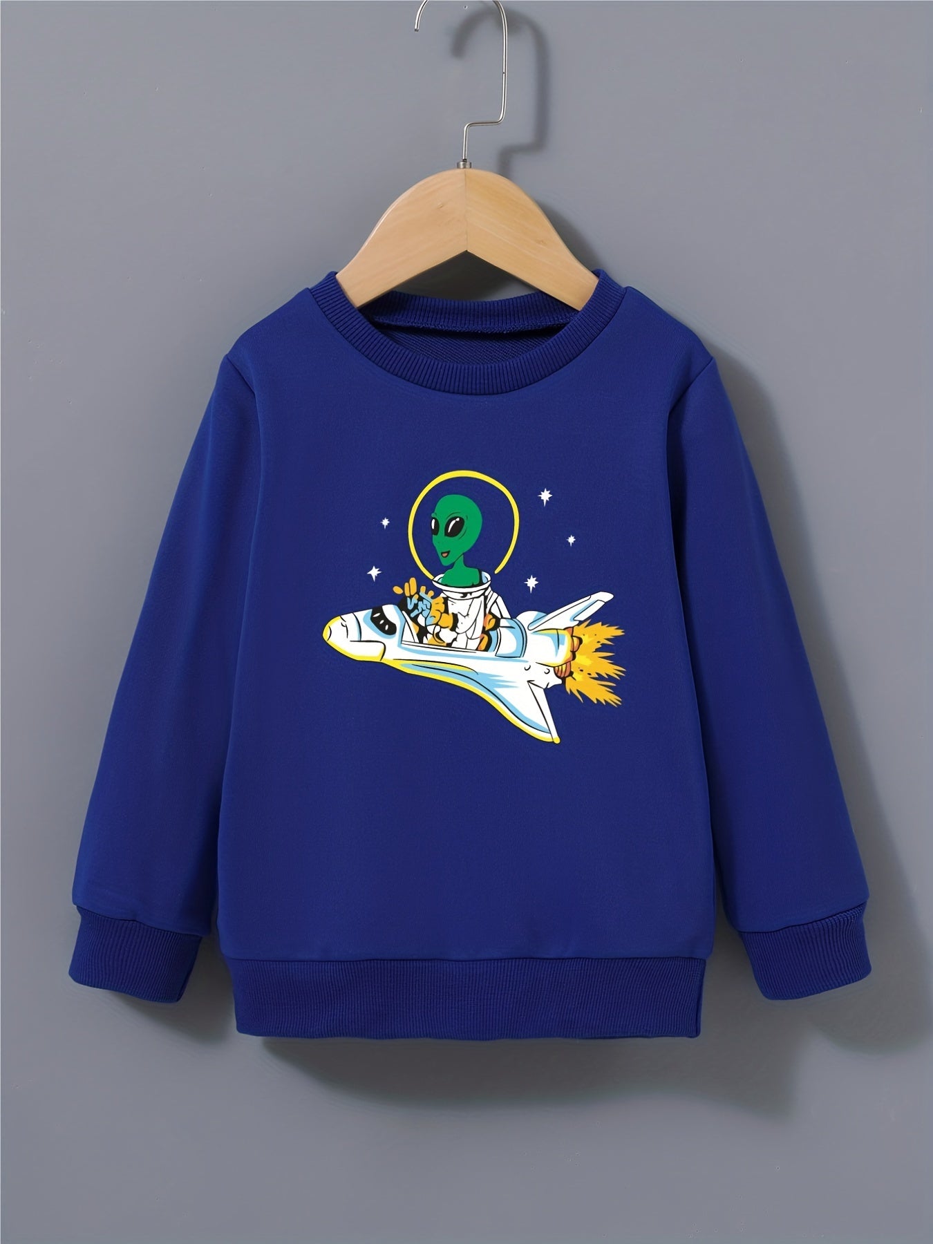 Boys Space Alien & Airplane Print Sweatshirt Crew Neck Top