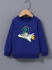 Boys Space Alien & Airplane Print Sweatshirt Crew Neck Top