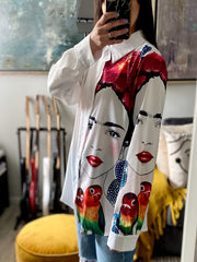 Colorblock Figure Print Button Up Blouse