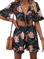 Tropical Print Two-piece Set Tie Front Crop Top & High Waist Shorts Outfit