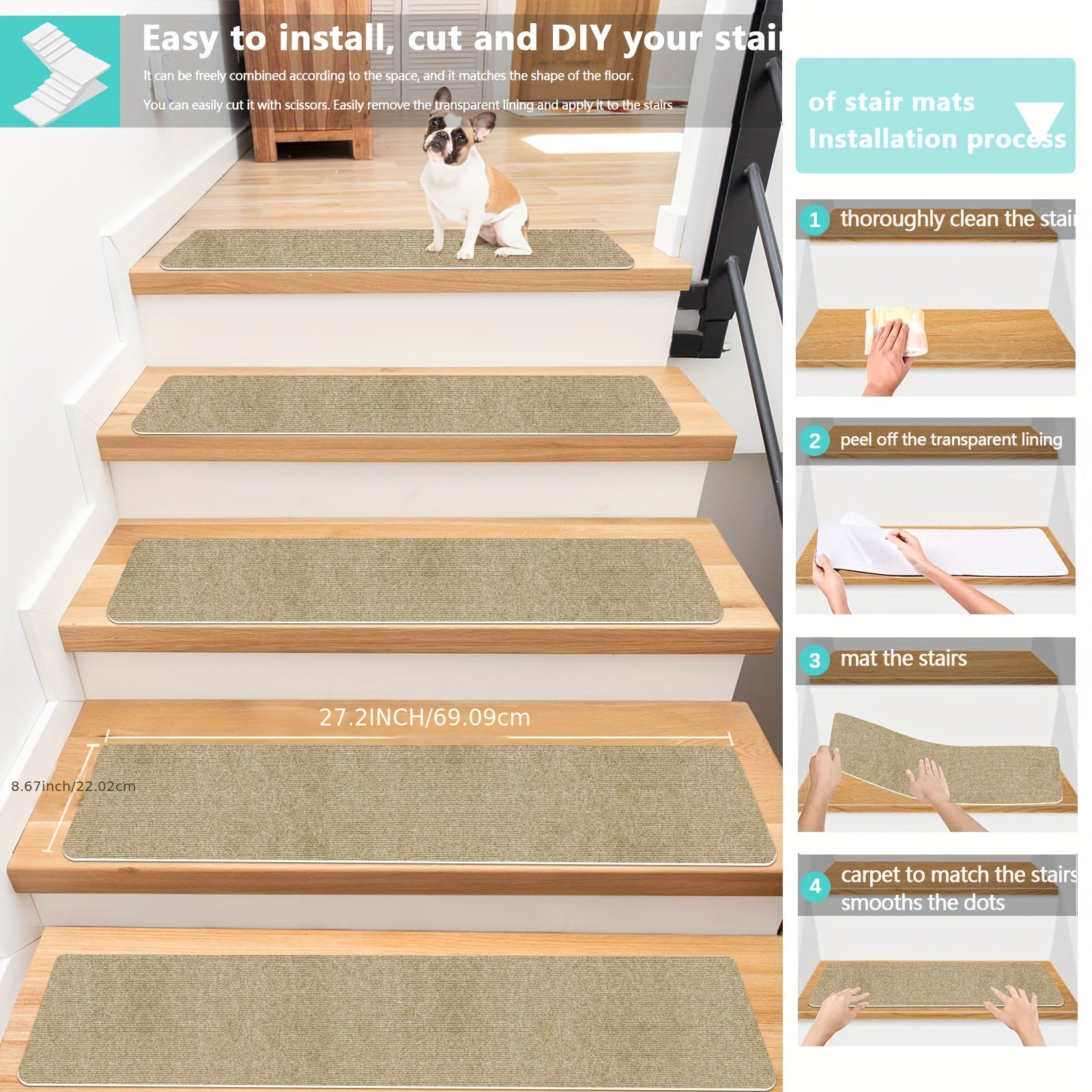 15pcs Beige Non Slip Stair Tread Rugs Soft Machine Washable Stair Carpet Runner