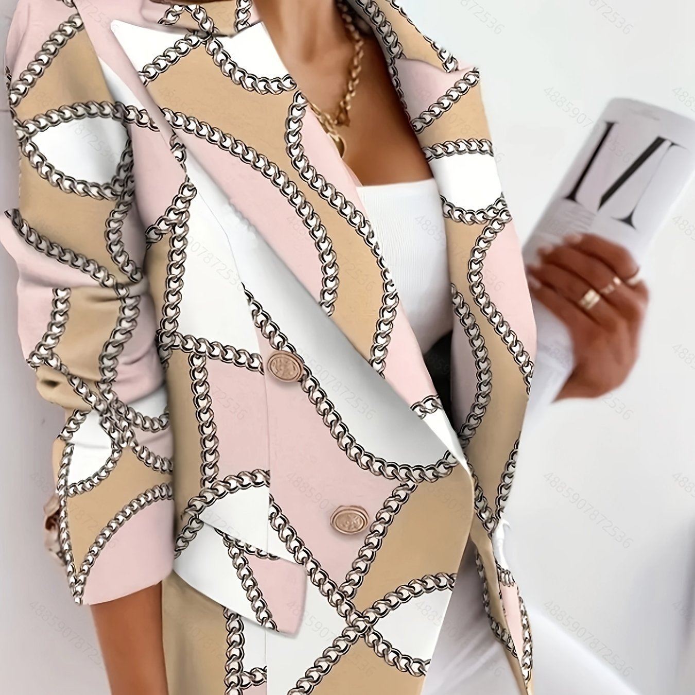 Chain Print Double Breasted Long Sleeve Blazer