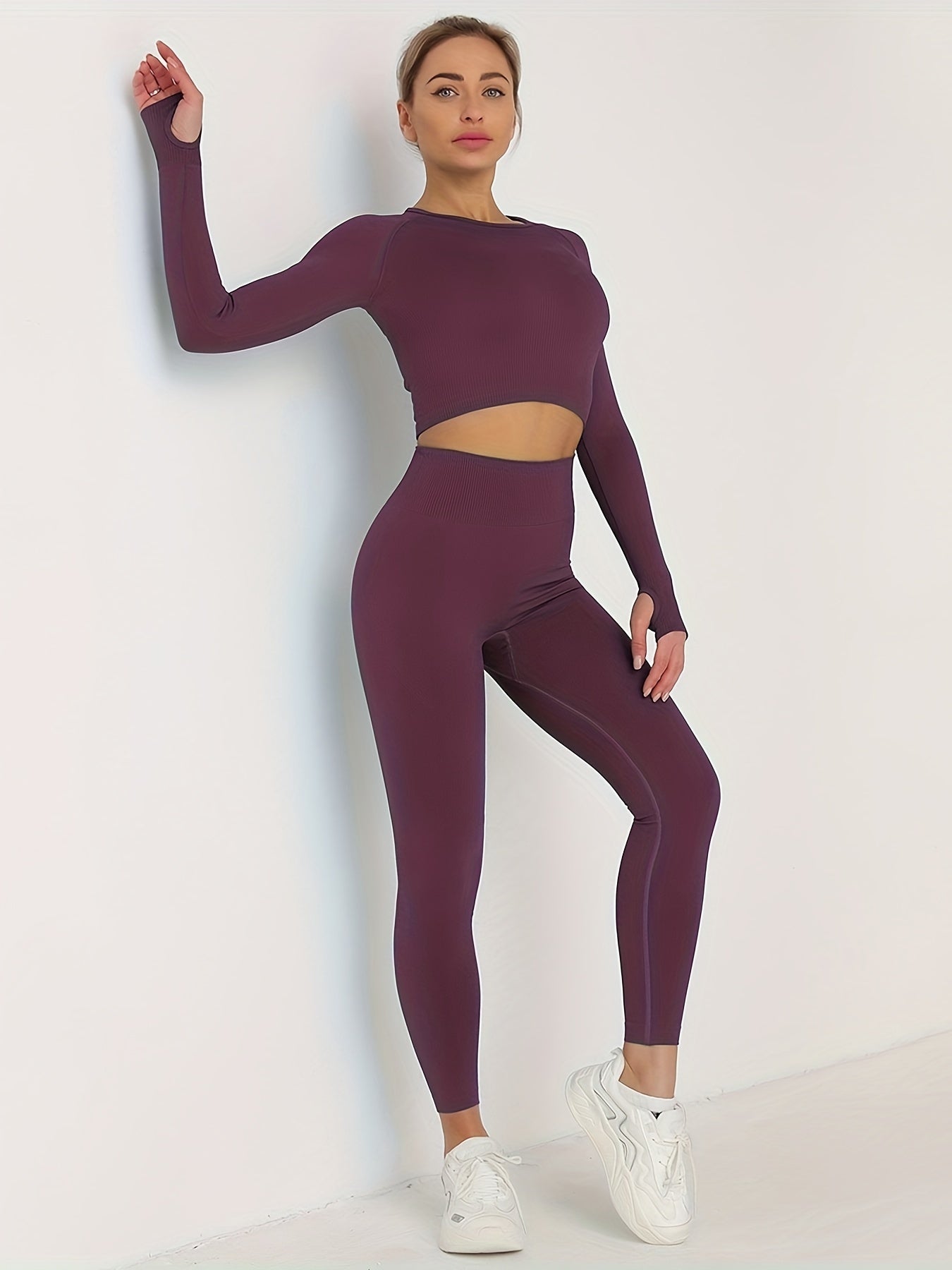 2Pcs Seamless Yoga Suit Long Sleeve Top & High Waist Leggings Set