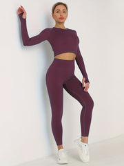 2Pcs Seamless Yoga Suit Long Sleeve Top & High Waist Leggings Set