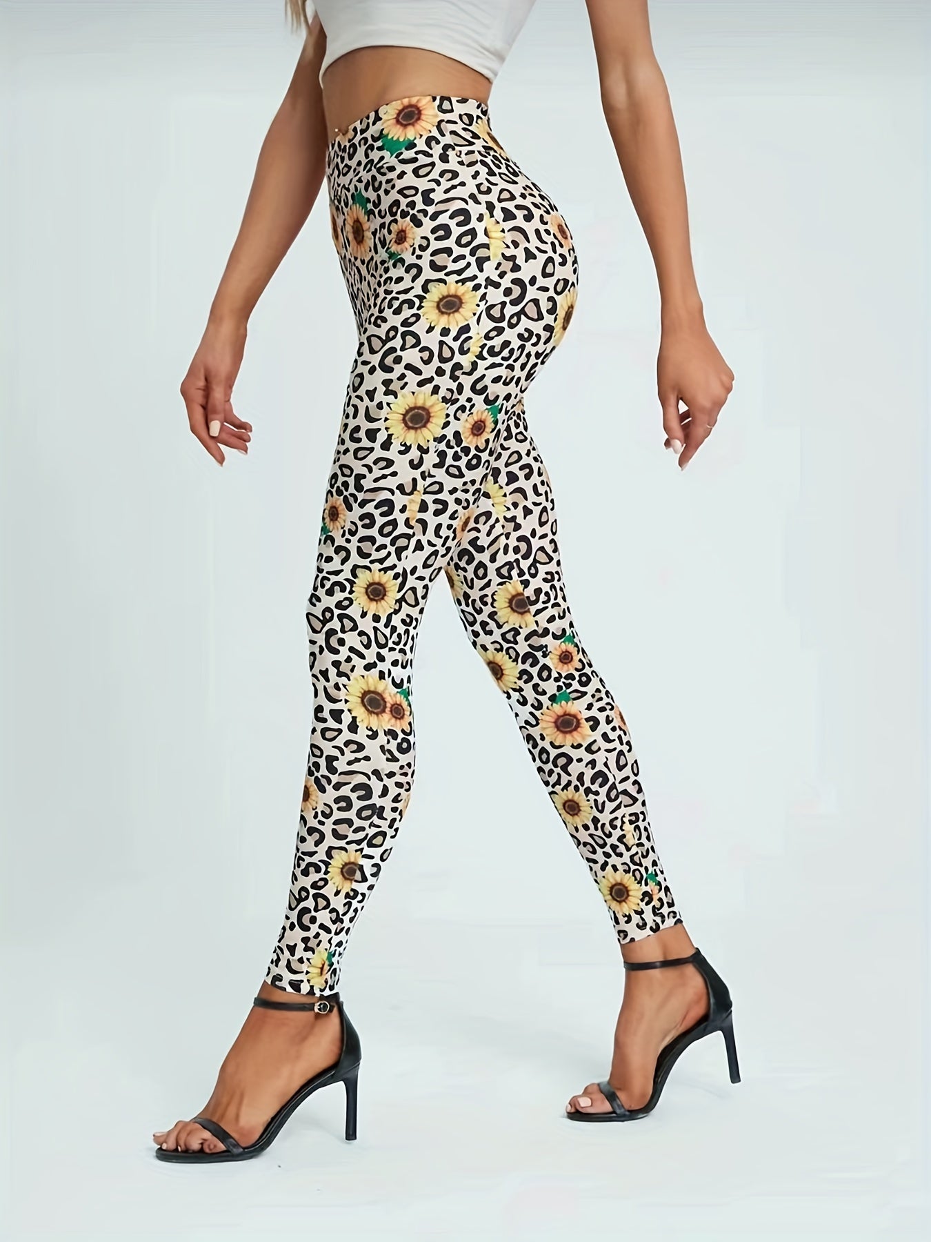 Leopard Print Sunflower Butt Lifting Yoga Leggings High Waist