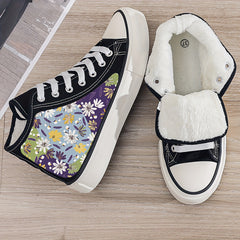 Girl's High Top Floral Skate Shoes Warm Plush Lining Non Slip Lace Up Sneakers
