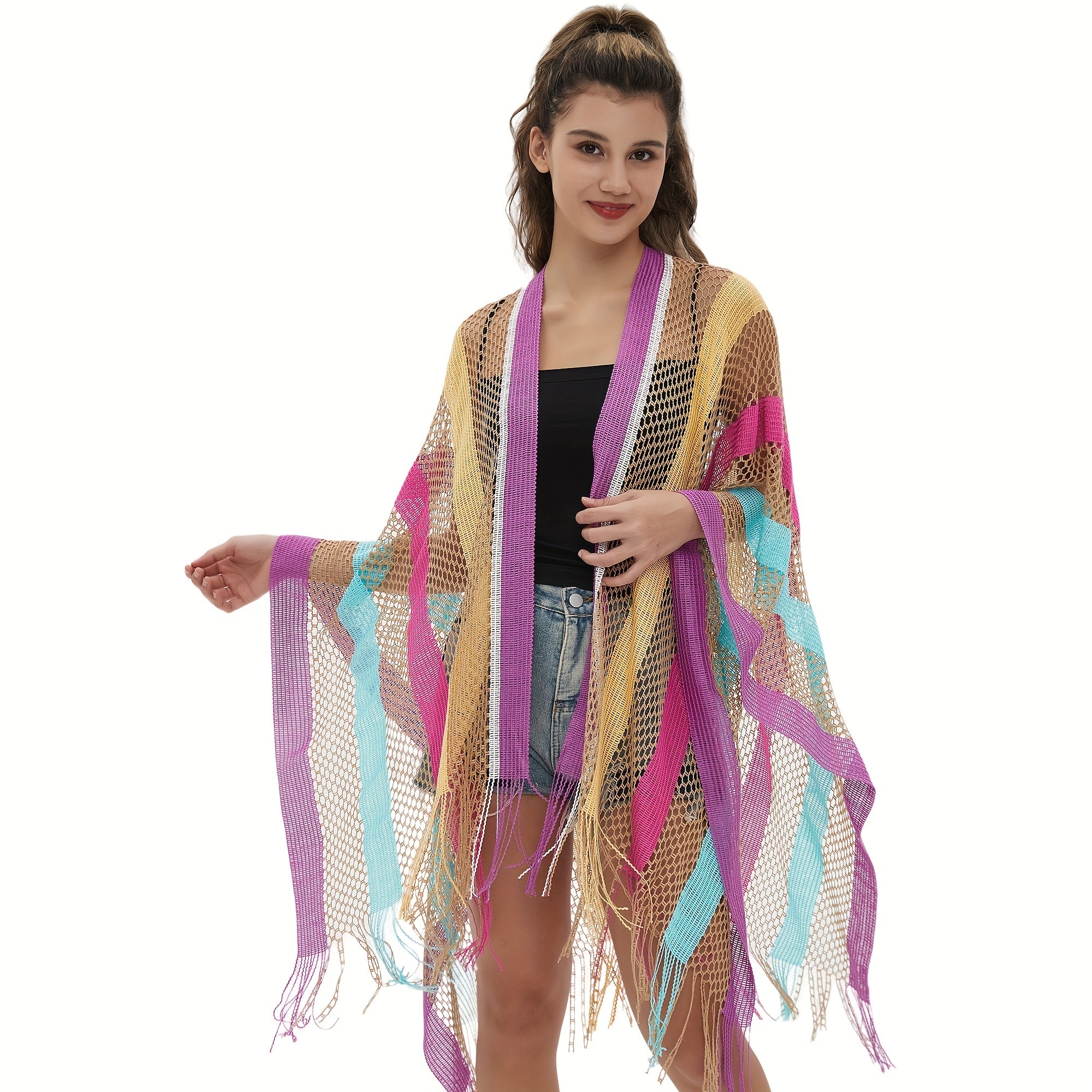 Rainbow Striped Bikini Cover Up Sunscreen Cardigan LGBT Pride Wrap Shawls