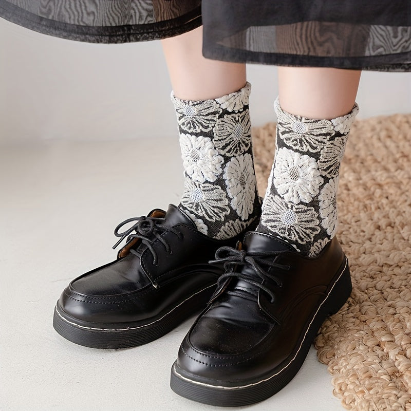 3 Pairs Floral Print Socks Comfy & Breathable Mid Tube Socks