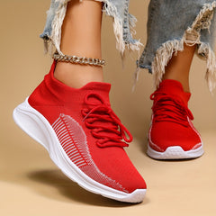Women's Red Knit Sneakers Lightweight Low Top Lace Up Walking Shoes