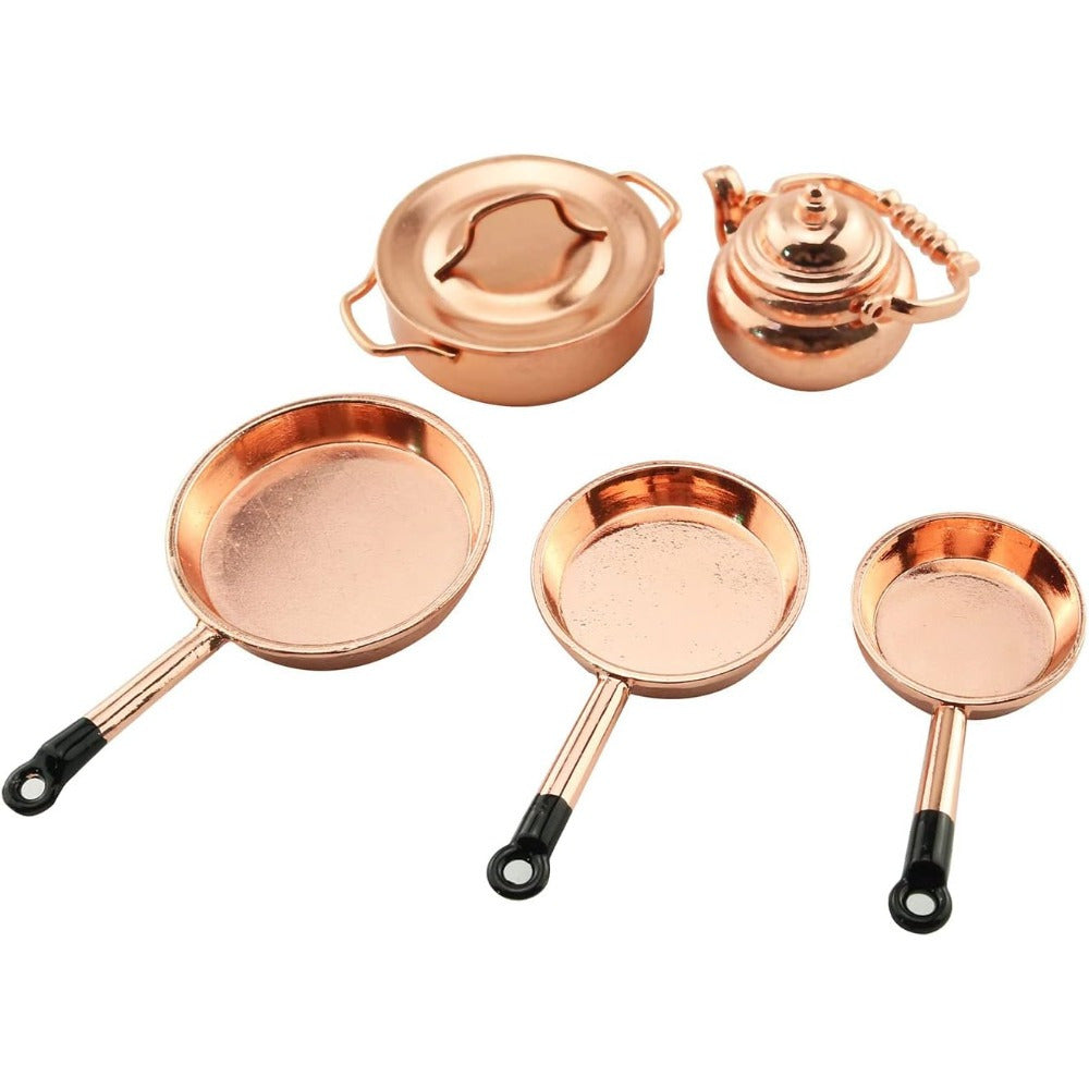 1:12 Dollhouse Miniature Cookware Set Metal Frying Pan & Copper Tart Pans