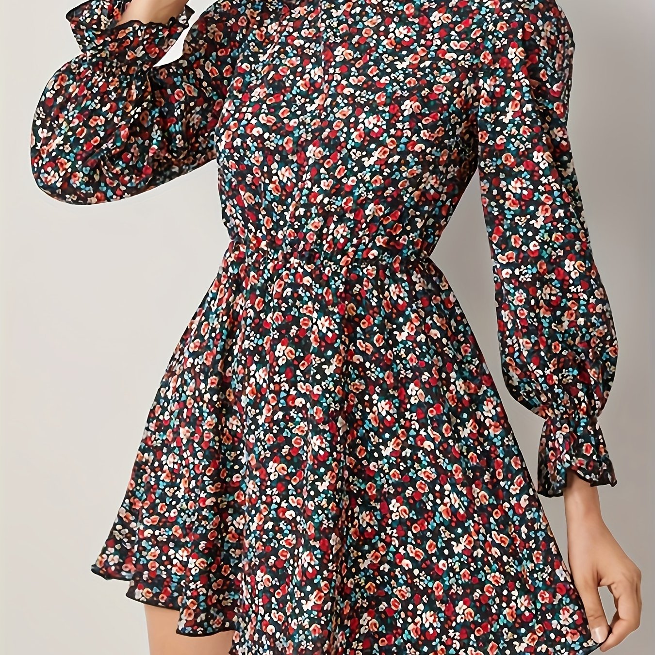 Allover Ditsy Print Lantern Sleeve High Neck Mini Dress