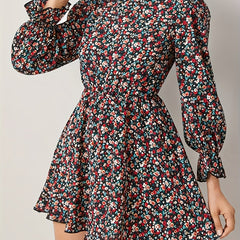 Allover Ditsy Print Lantern Sleeve High Neck Mini Dress