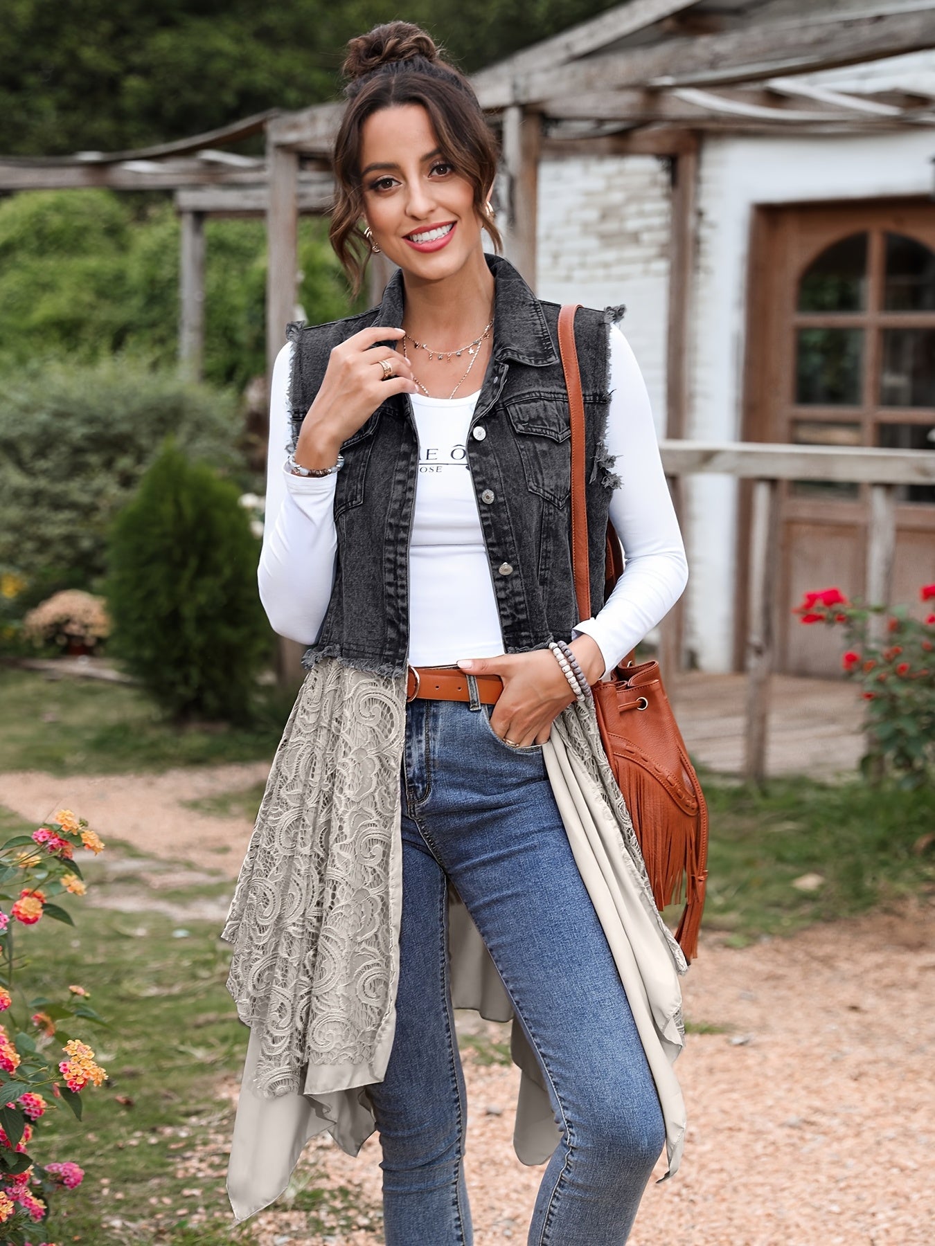 Washed Denim Vest Jacket With Lace Embroidery