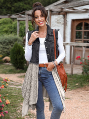 Washed Denim Vest Jacket With Lace Embroidery