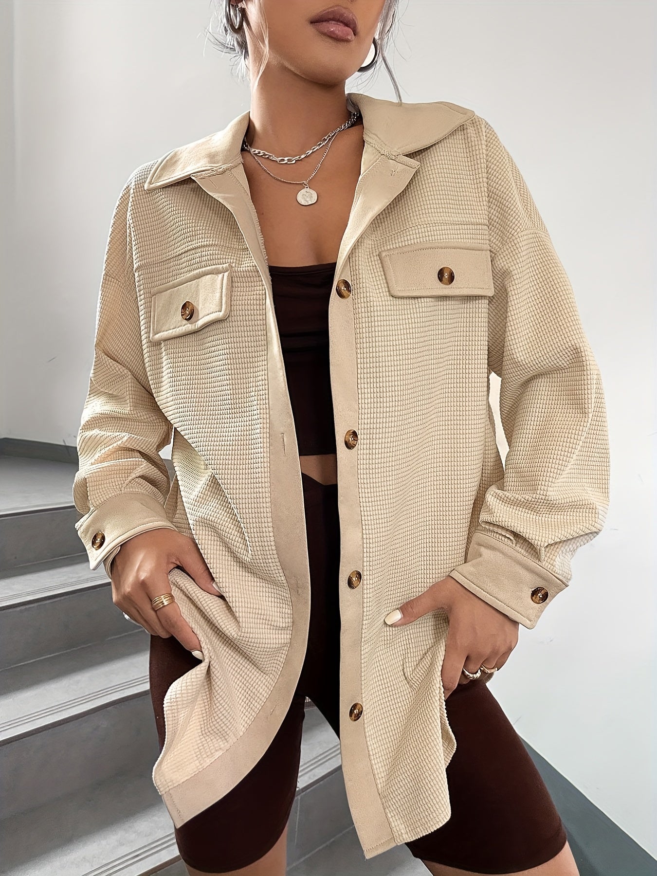 Solid Button Front Jacket Casual Collared Long Sleeve Outerwear Women's
