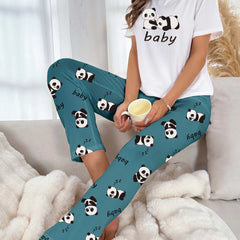 Panda Print Pajama Set Short Sleeve Top & Pants