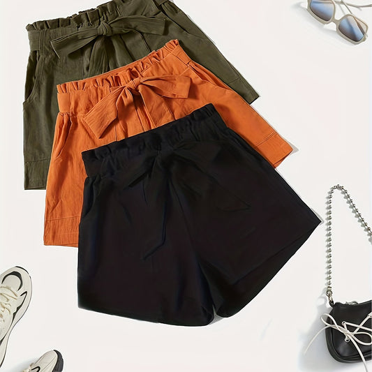 3 Pack Women's Plus Size Elastic Belted Shorts Set