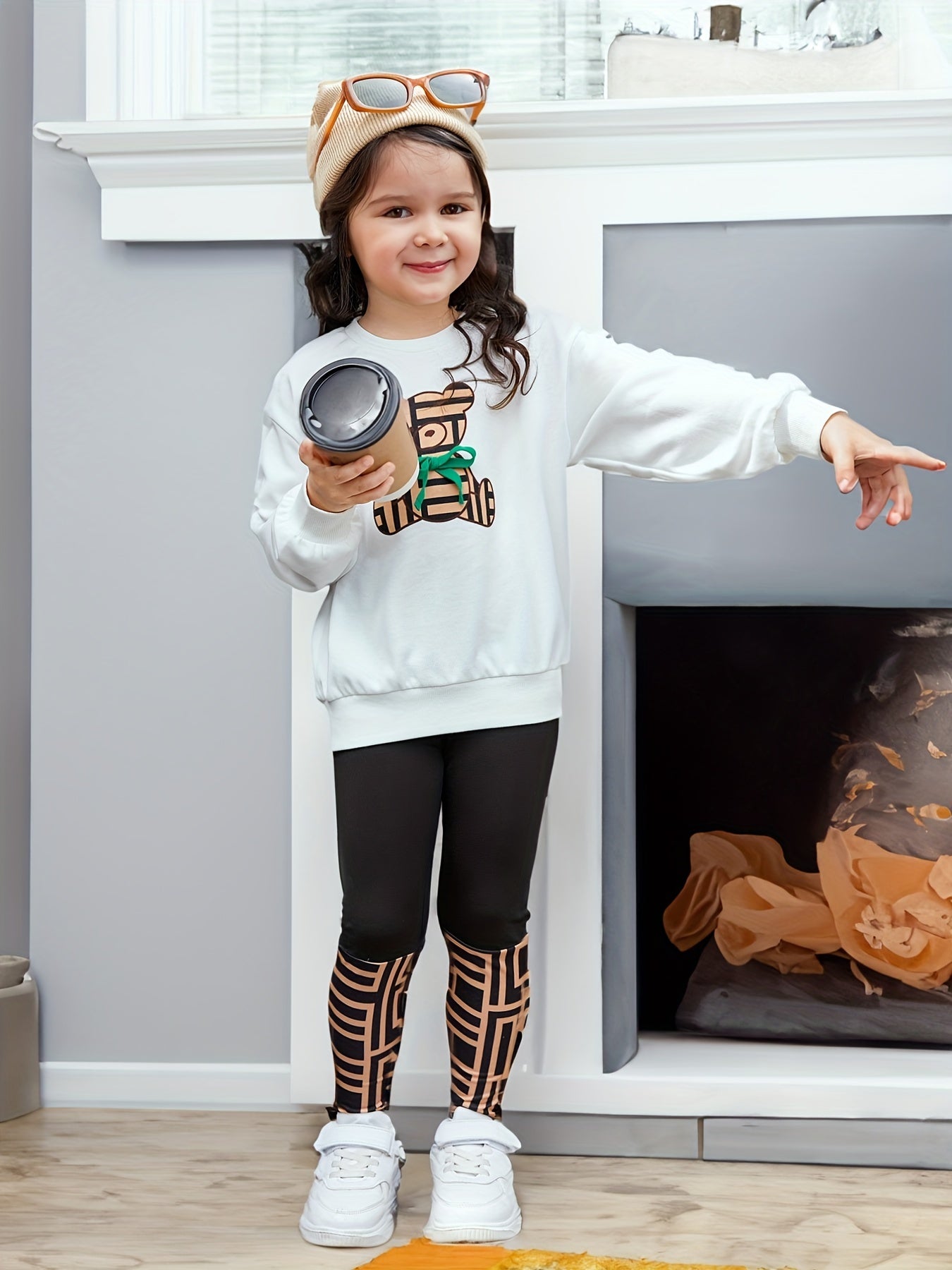 Girl's Geometric Bear Outfit 2pcs Set Spring Fall
