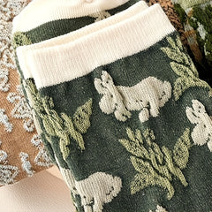 5 Pairs 3D Floral Textured Retro Style Mid Tube Socks Women's St