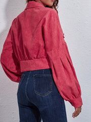 Ribbed Corduroy Cropped Jacket with Lantern Sleeves