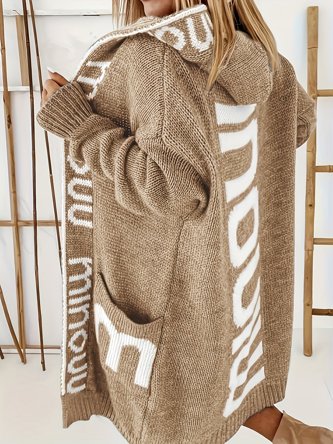 Letter Print Open Front Hooded Cardigan