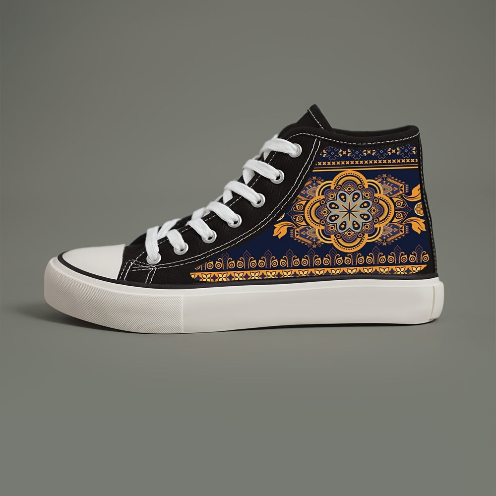 Ethnic Print Plush Lined Canvas Sneakers Fall Winter Warm Shoe