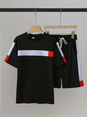 Boys 2pcs T shirt & Shorts Set Clash Print Crew Neck Tee Casual Kids Summer