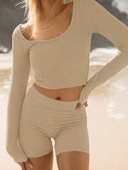 Ribbed Long Sleeve Crop Top & Shorts Set