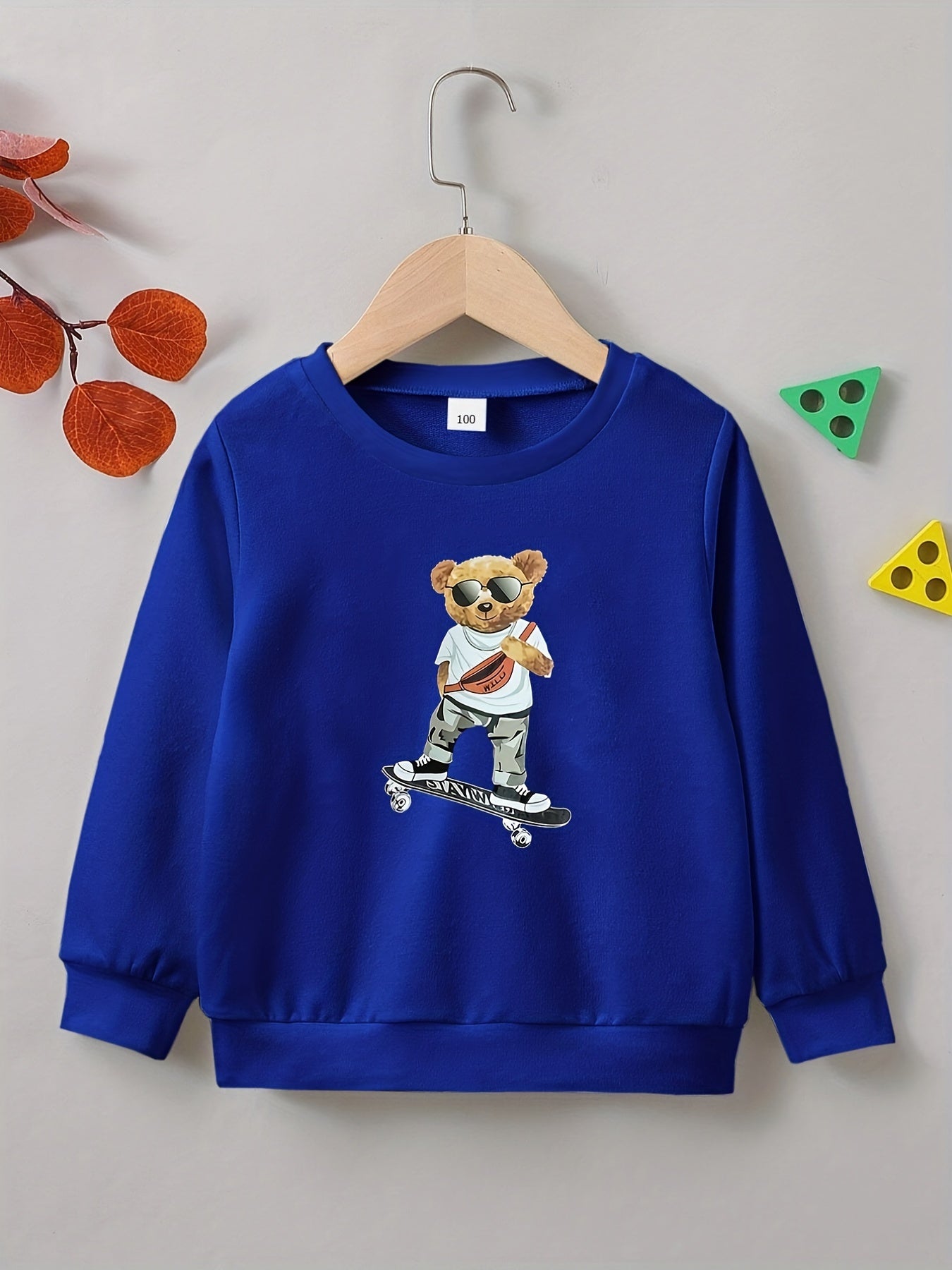 Bear & Skateboard Print Boys Pullover Sweatshirt