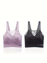 2pcs Lace Wireless Bra Breathable Scallop Trim Lingerie