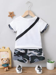 Boys Motorcycle Casual Outfit with T-shirt, Shorts & Bag for Summer Kids