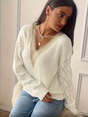 Women's Plus Colorblock Lace Long Sleeve V Neck Sweater