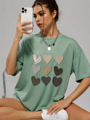 Heart Print Crew Neck T Shirt Loose Fit Short Sleeve Graphic Tee