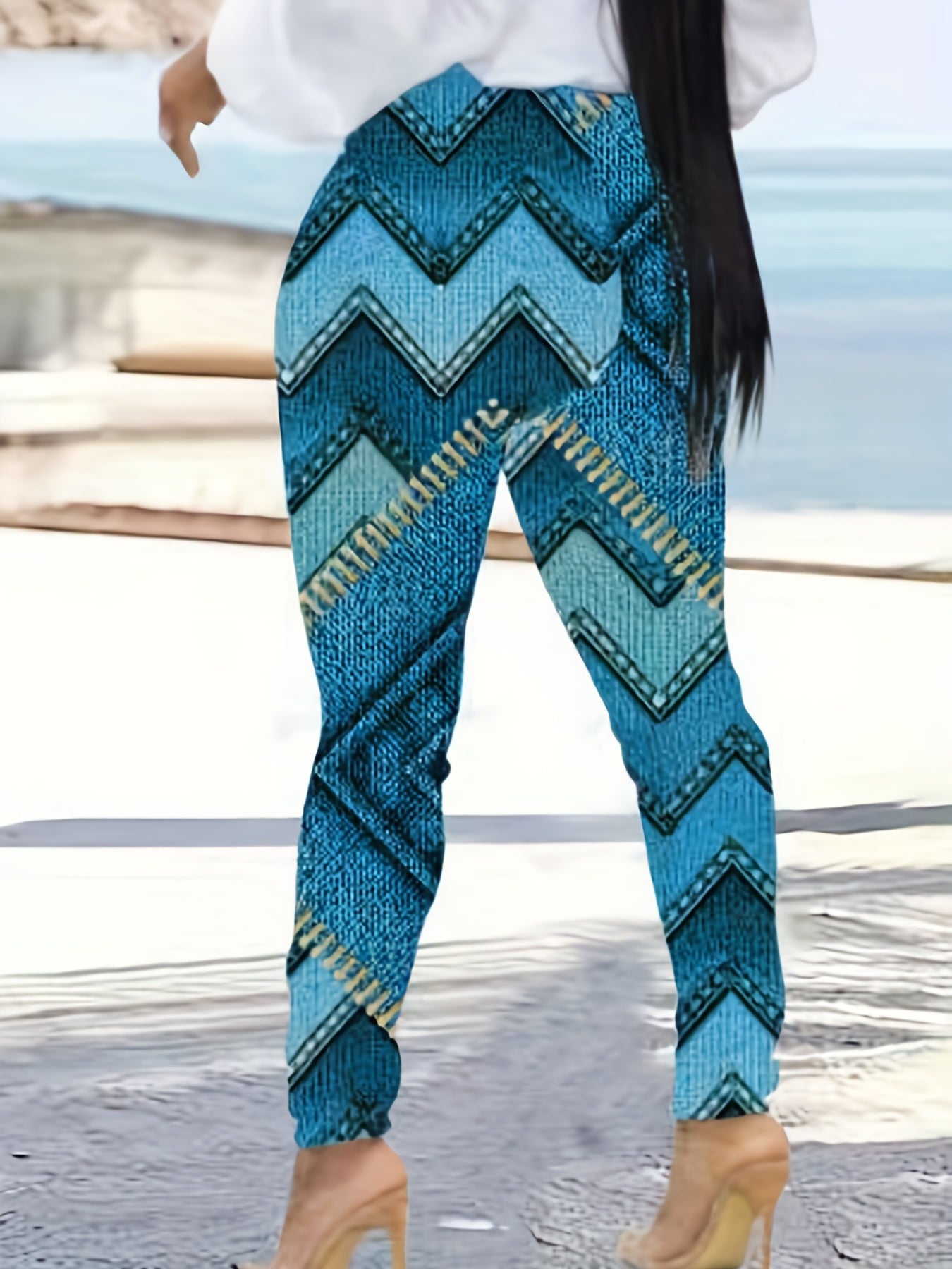 Casual Leggings Women's Plus Colorblock Denim Print Medium Stretch