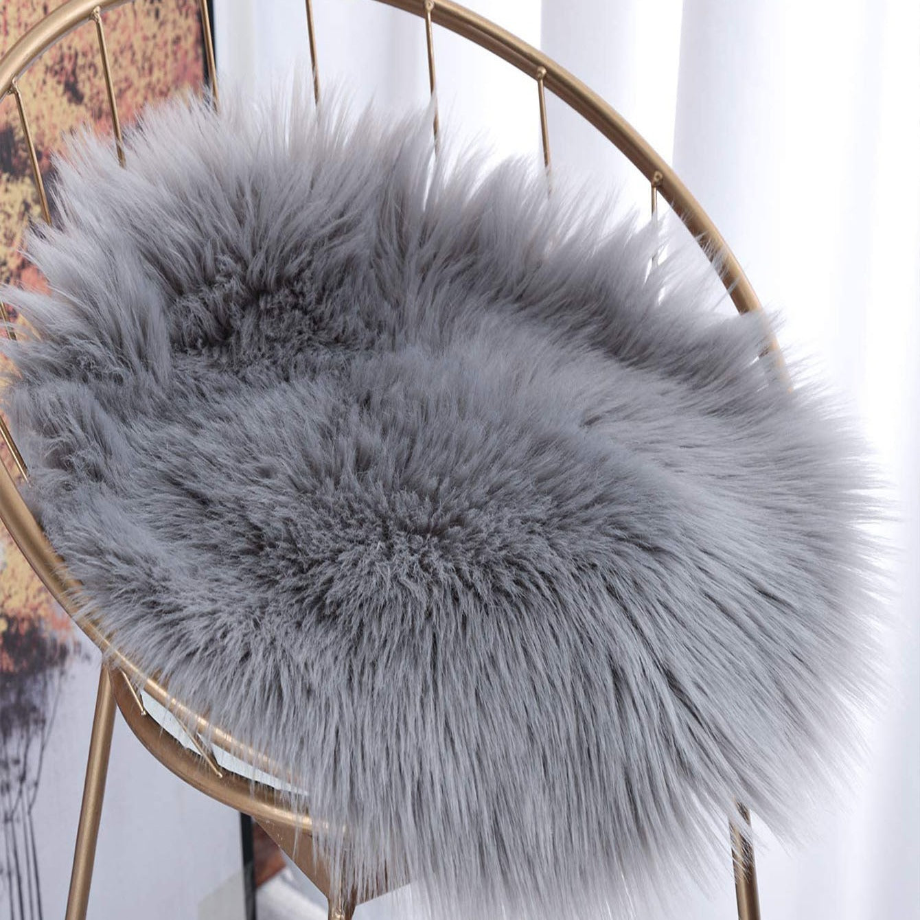 Grey Faux Fur Area Rug 12" Round Chair Pad Mat