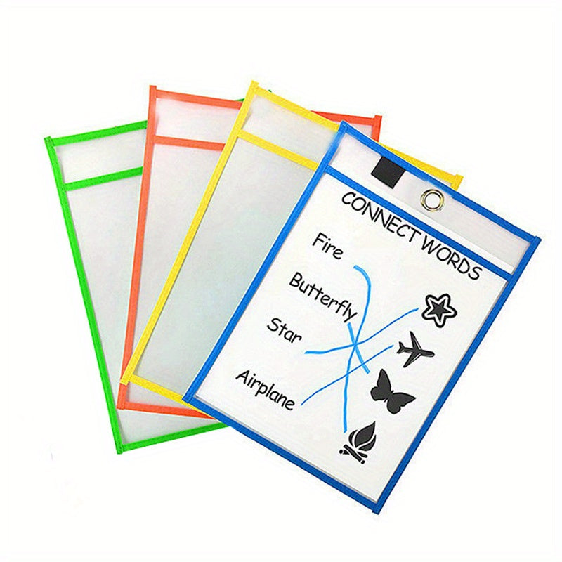 4 Sets Dry Erase Pockets Reusable with Marker Holder Colorful Sleeves