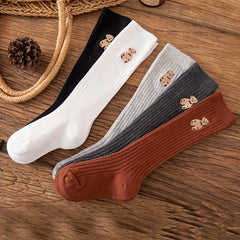 Girls Cartoon Bear Cotton Blend Knee High Socks - Striped Stockings