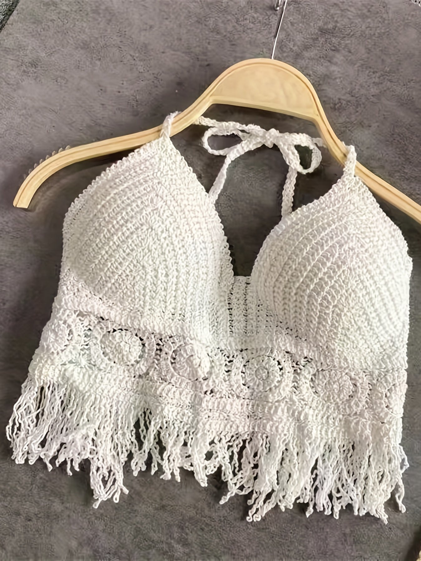 Bohemia Crochet Fringe Top Halter Tie Neck Backless Crop Top
