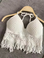 Bohemia Crochet Fringe Top Halter Tie Neck Backless Crop Top