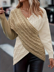 Colorblock Cable Sweater Surplice Neck Jumper