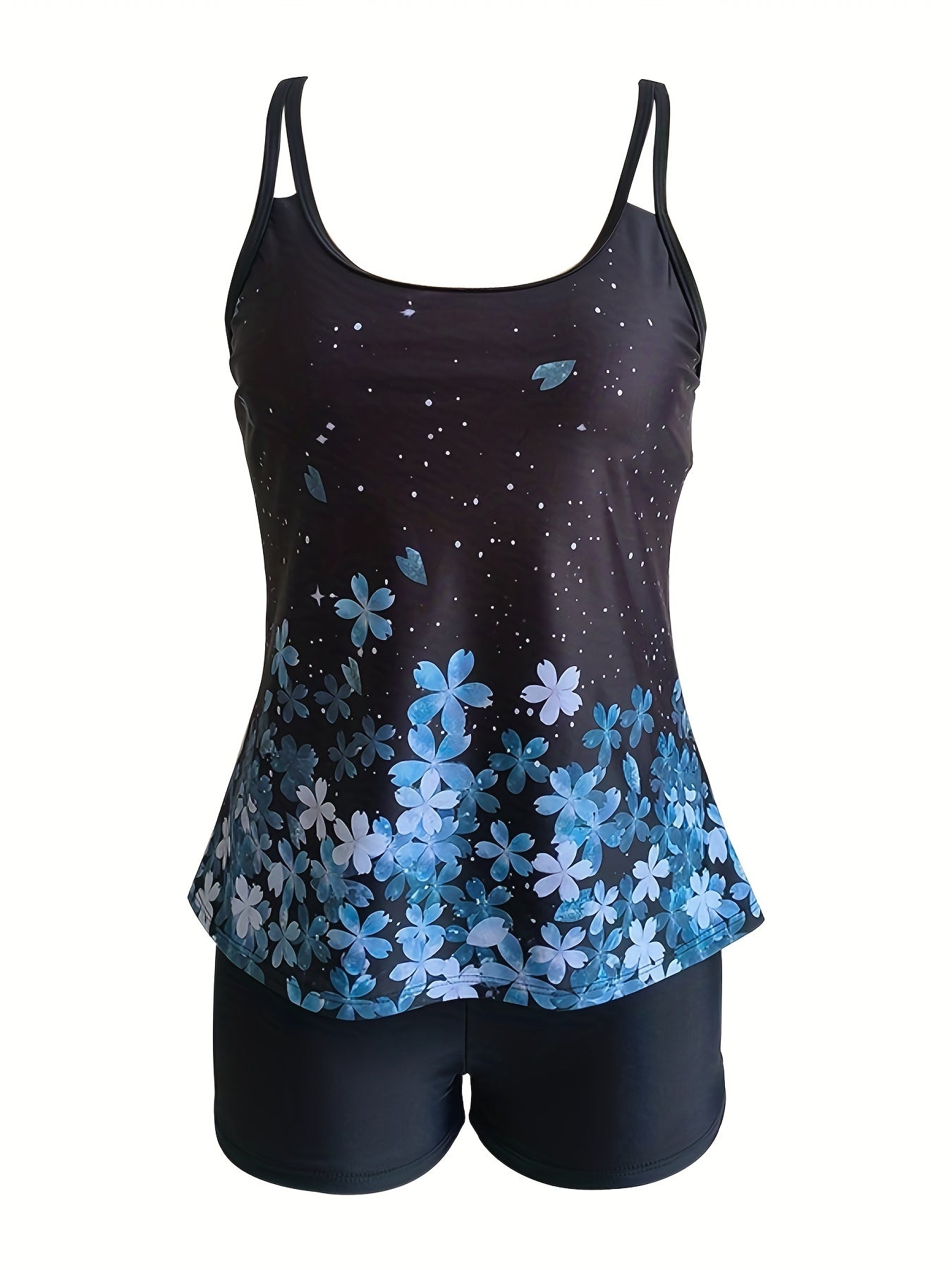 Floral Print Tankini Set Round Neck Boxer Short Bottom Swimsuit