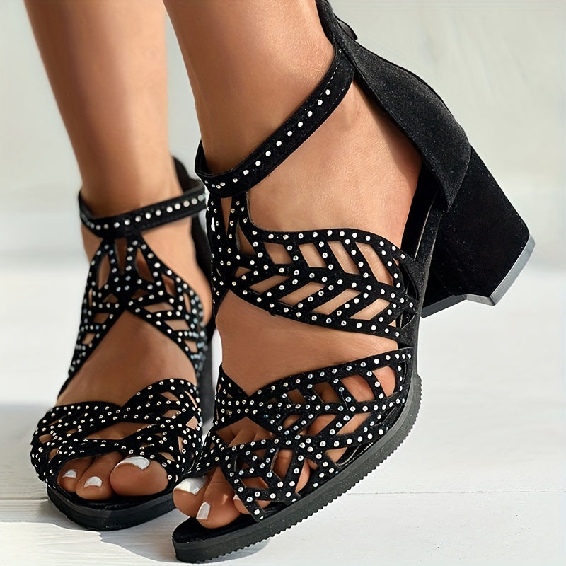 Boho Hollow Block Heels Peep Toe Zipper Sandals Dress Heels
