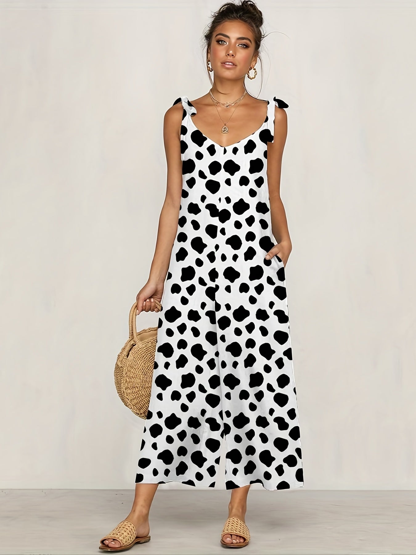 Floral & Skull Print Tied Cami Jumpsuit Casual Sleeveless Backless Jumpsuit