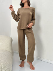 Bear Pattern Pajama Set Long Sleeve Round Neck Top & Pants Women's Sleepwear