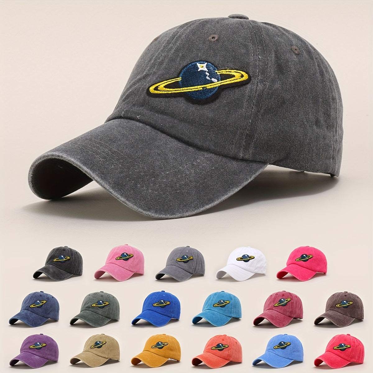 Planet Embroidery Baseball Cap Vintage Washed Distressed Dad Hat Unisex