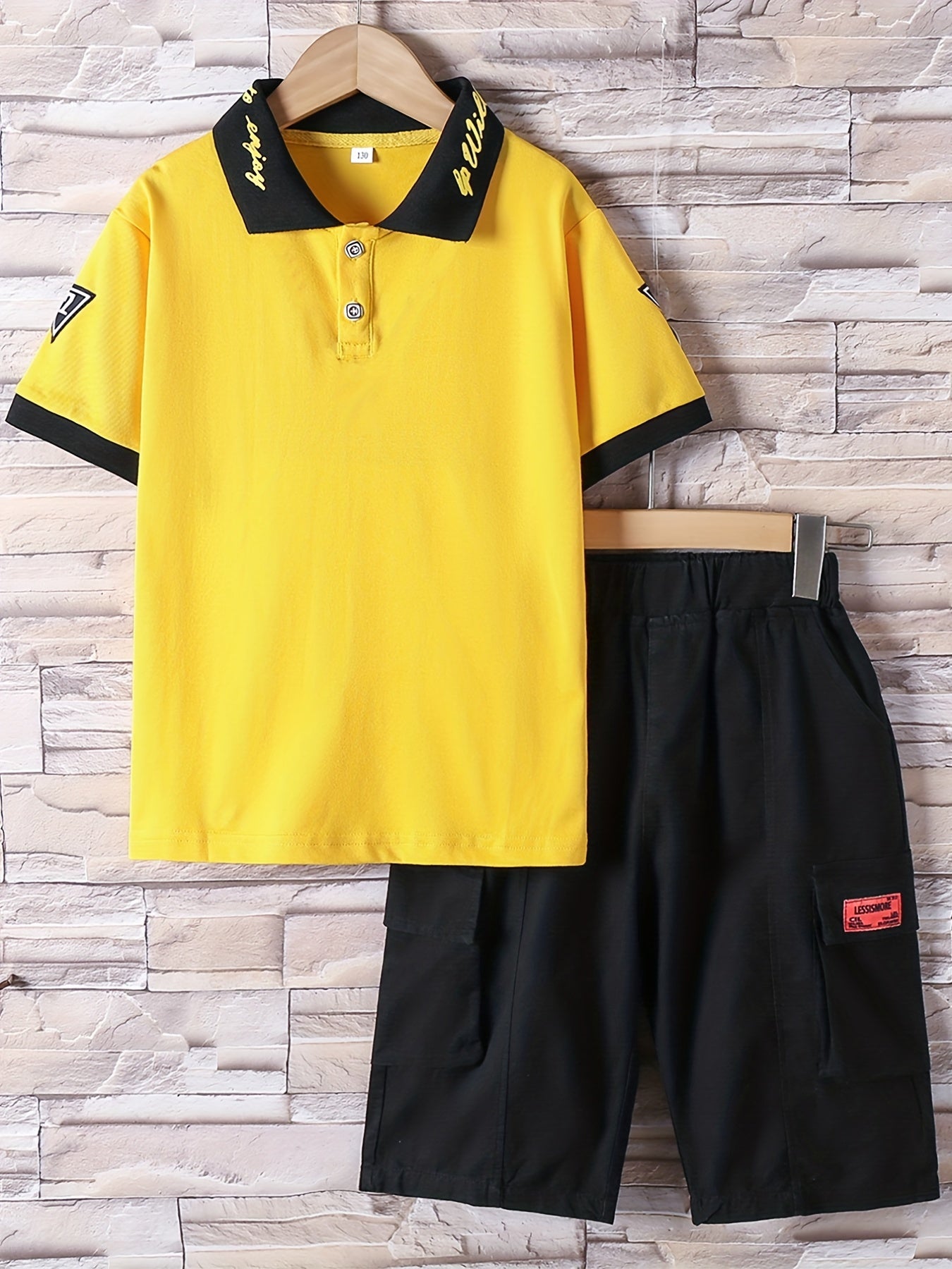 Boys Letter Print Casual Outfit Polo Shirt & Cargo Shorts Set