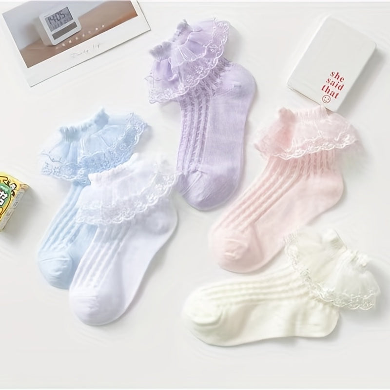 5 Pairs Lace Brim Cotton Socks for Girls