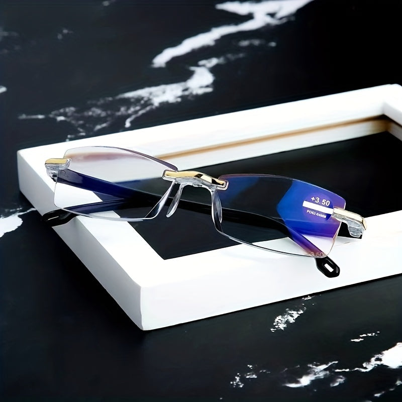 Men's Anti Light Rimless Presbyopic Glasses Diopter with Box