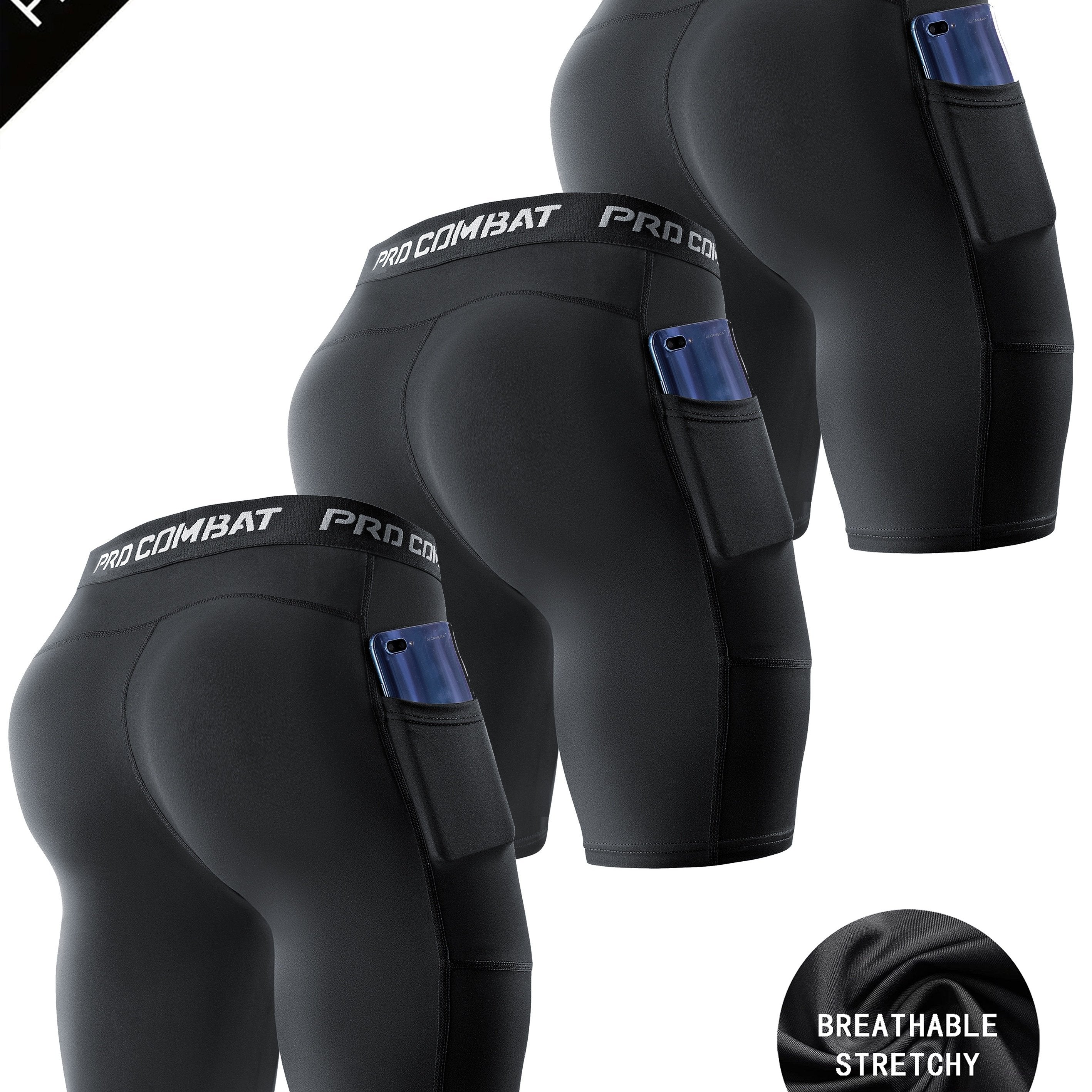 3 Pcs Men's Compression Boxers with Pockets Quick Drying for Fitness